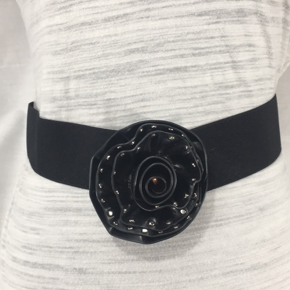 Faux Leather Stretch Flower and Studs Belt, Black